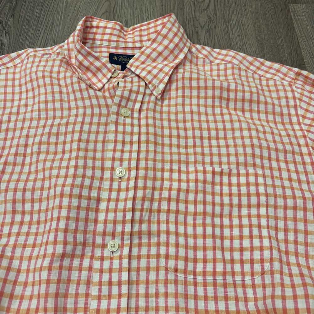 Brooks Brothers 100% Irish Linen Button Up SS Men’s Large Pink/Orange Check‎ - Picture 2 of 3